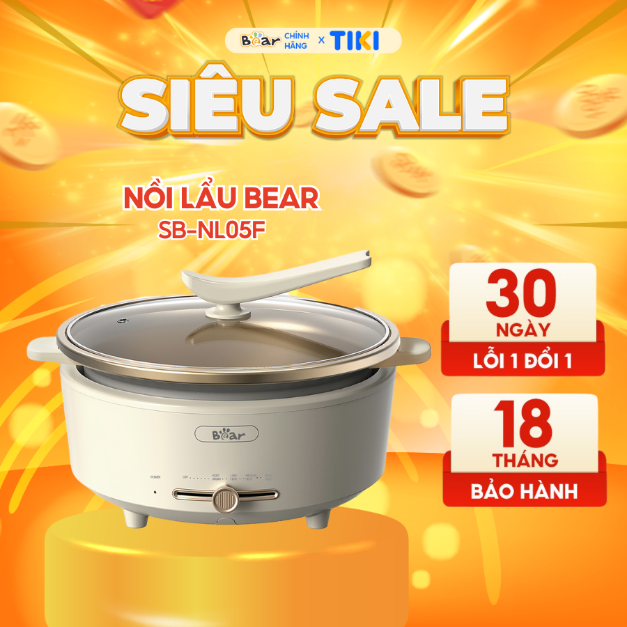 Nồi Lẩu Điện Đa Năng 5L Bear Chiên Xào Nấu Đế Tách Rời Sôi Nhanh Tiết Kiệm Điện Nhiệt Tỏa Đều Siêu Chống Dính SB-NL05F - Hàng Chính Hãng