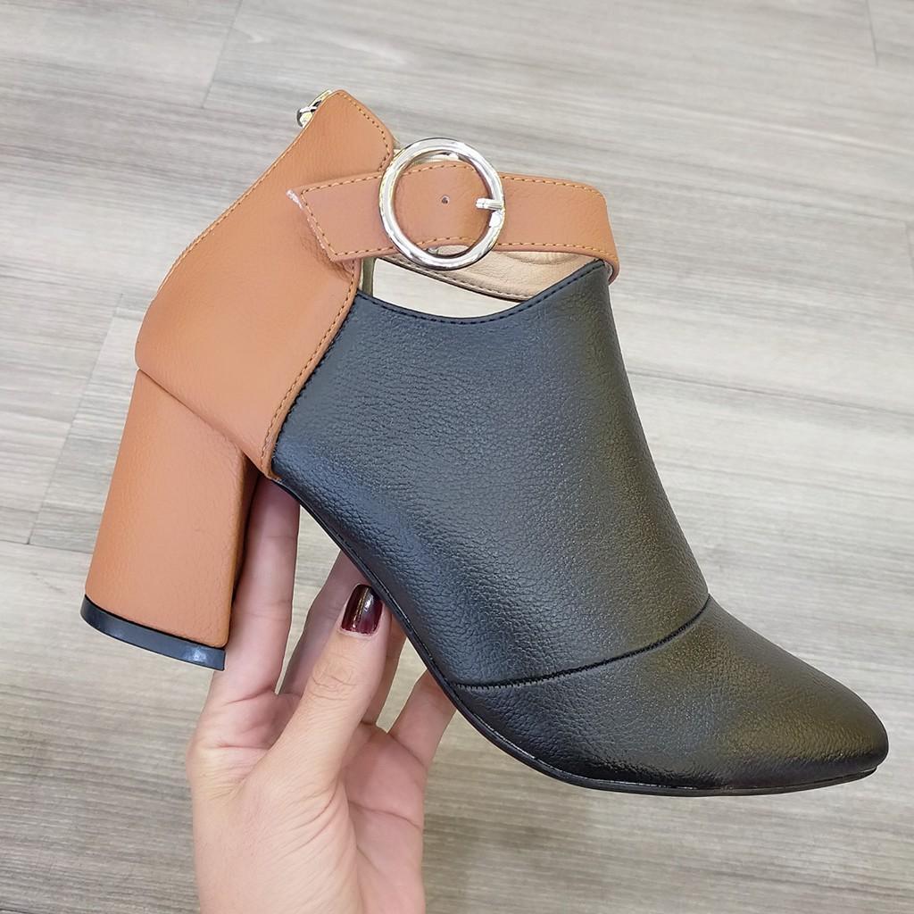 Boot thời trang nữ phối màu cao cấp ROSATA RO179 7p gót trụ - Đen nâu - HÀNG VIỆT NAM - BKSTORE