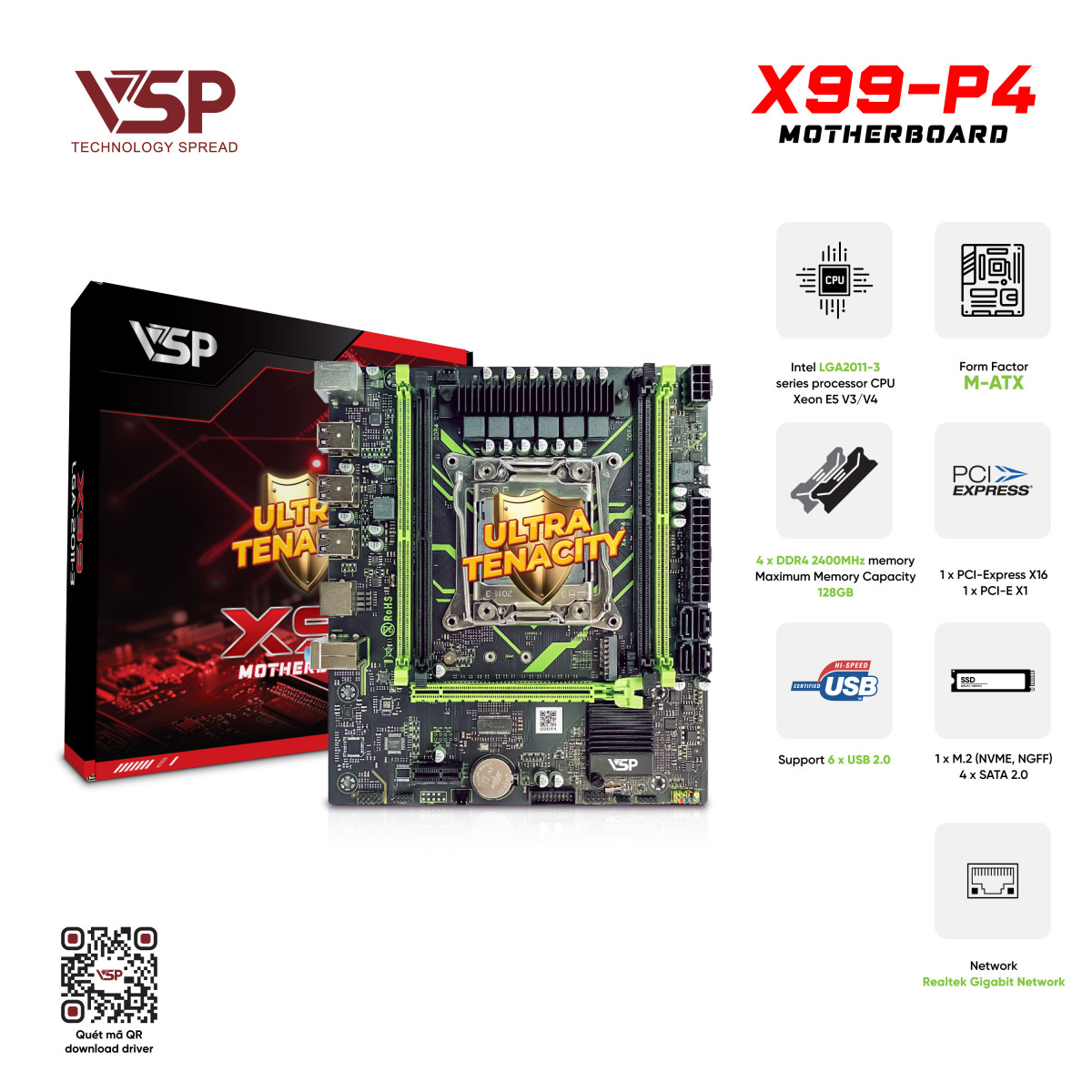 Bo Mạch Chủ Main VSP X99-P4 D4 Socket LGA 2011 – Hàng Chính Hãng