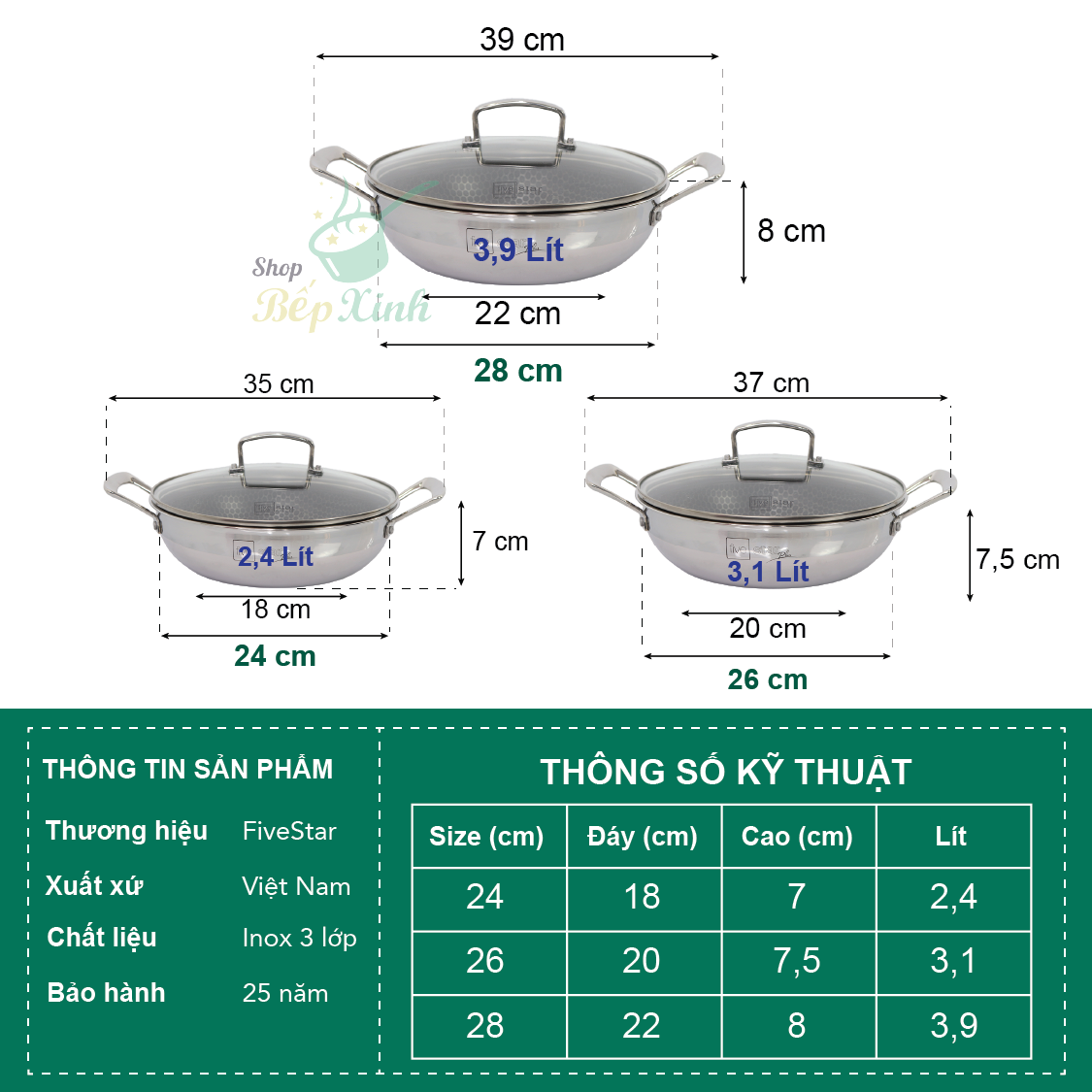 Chảo tổ ong chống dính 2 quai 3 lớp đáy liền inox 304 FiveStar Plush 24cm / 26cm /28cm , tặng 1 sạn inox