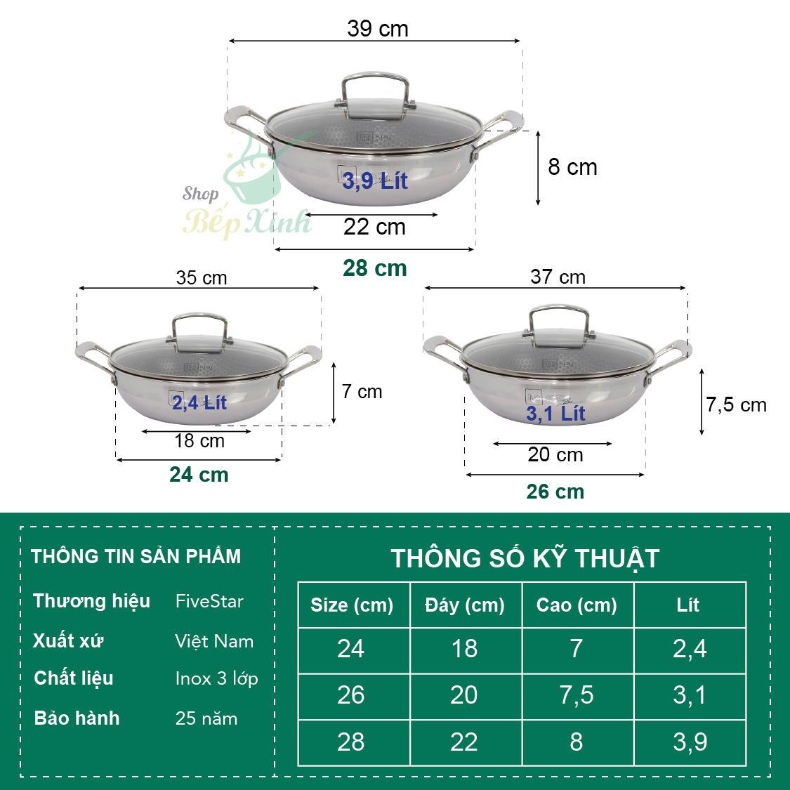 Chảo tổ ong chống dính 2 quai 3 lớp đáy liền inox 304  FiveStar Plush 24cm / 26cm /28cm  , tặng 1 sạn inox