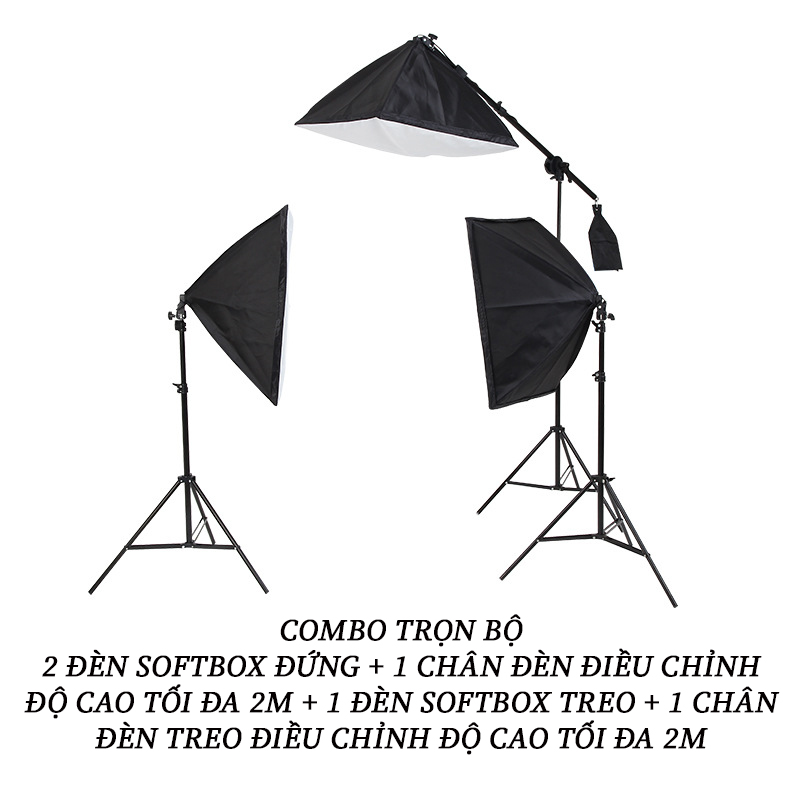 Bộ chân đèn TREO Chụp Ảnh Sản Phẩm, Studio, quay phim, Livestream chuyên nghiệp, gồm 01 chân đèn cao 2m kèm 01 Softbox 50x70cm + 01 thanh treo kèm đầy đủ phụ kiện dây cắm và công tắc đèn, túi cát đối trọng ( không kèm bóng)