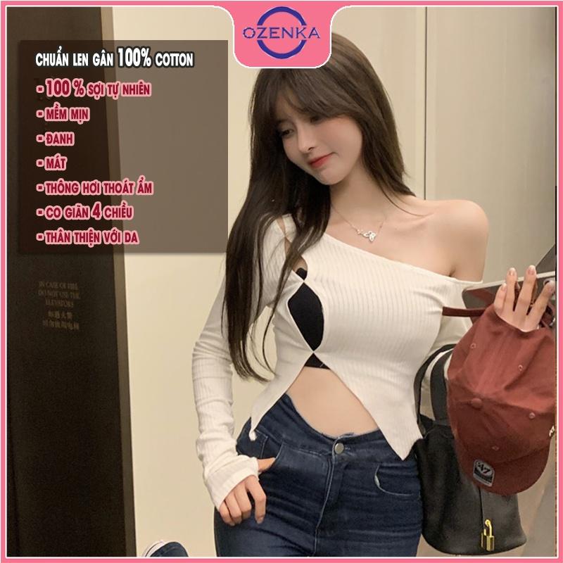 Áo croptop trễ vai tay dài sẻ gấu ôm nữ OZENKA , crt dệt kim nữ len gân 100% cotton đẹp đen trắng