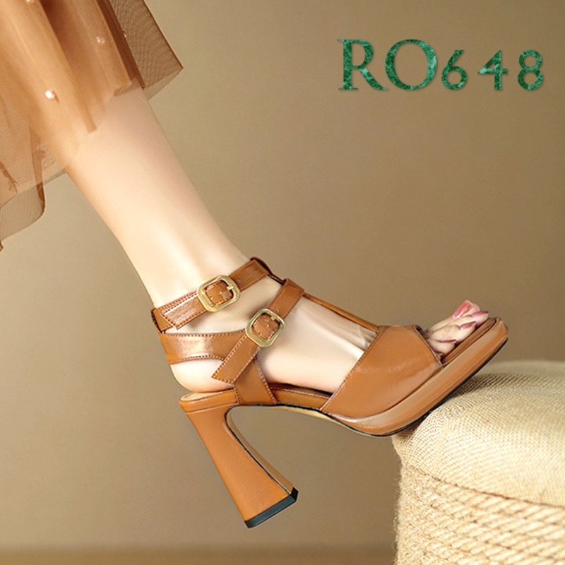 Giày sandal nữ cao gót 8 phân hàng hiệu rosata hai màu đen nâu cao cấp ro648