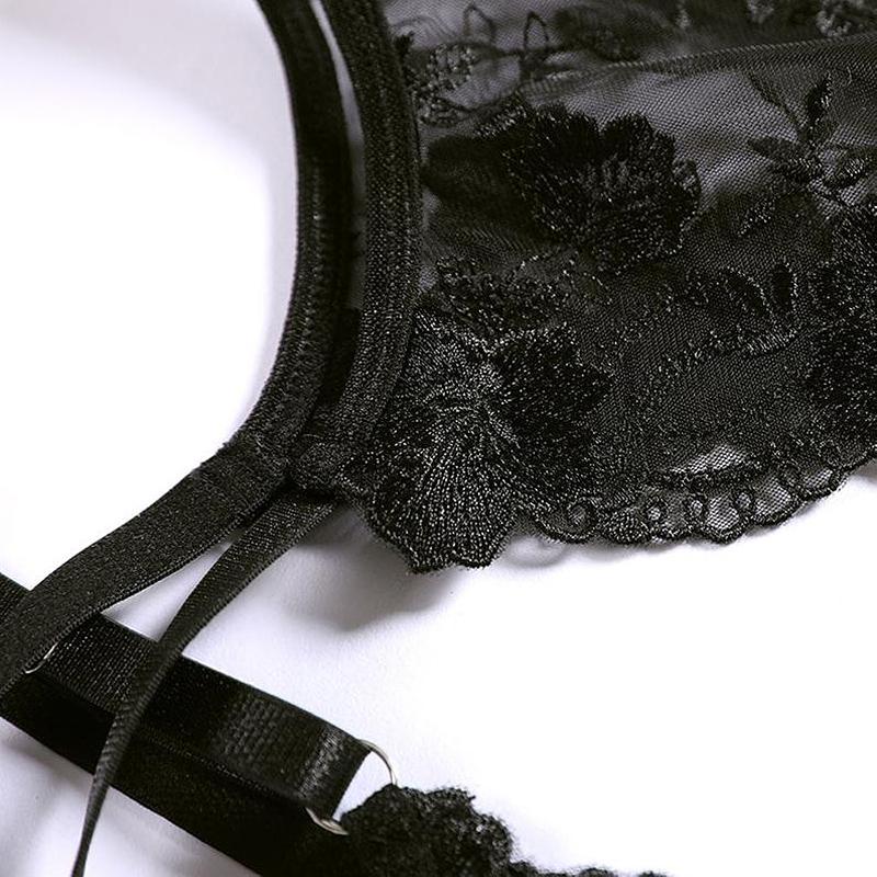 Áo Ren Hoa Thêu Áo Lót Bộ Áo Lót Ren Mỏng Push Up Bra Áo Ngực + Garters + Thông Bộ 3 xem Qua Đồ Lót Màu Đen