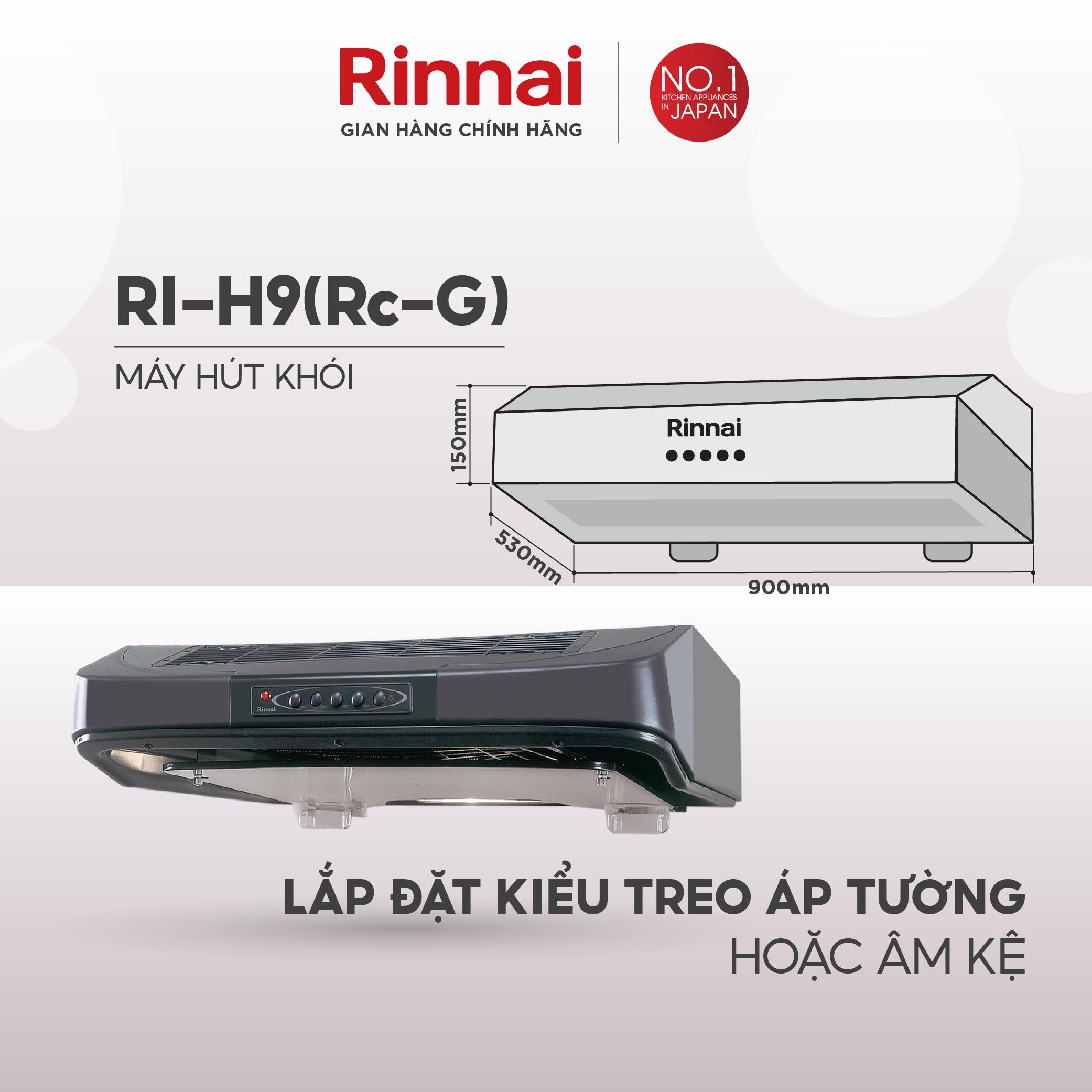 Máy hút mùi 90cm Rinnai RI-H9(Rc-G) than hoạt tính 161W - Hàng chính hãng.