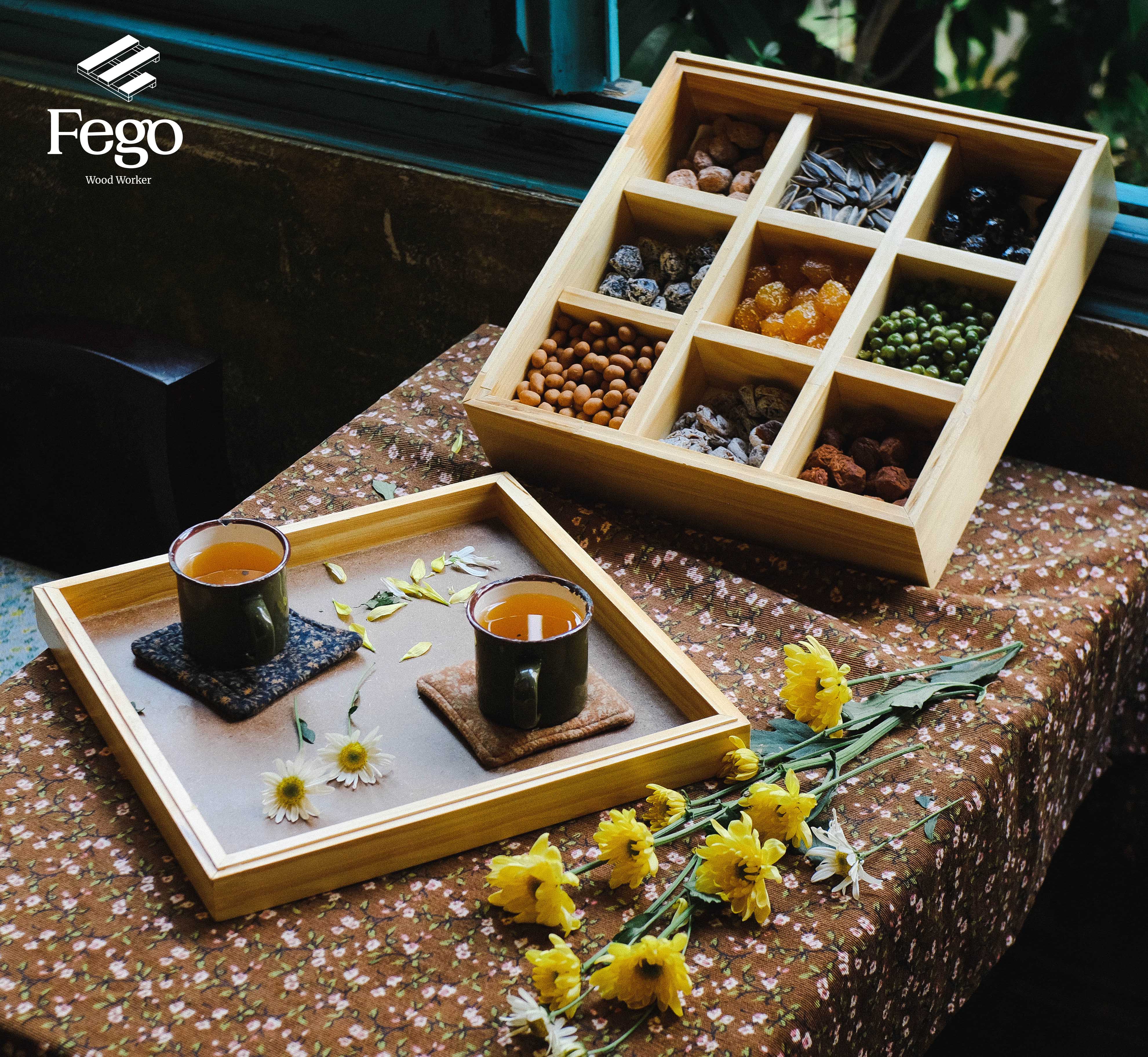 Khay đựng mứt tết, bánh kẹo, Khay gỗ thông tự nhiên FEGO để bàn tiếp khách, trang trí phòng khách gia đình