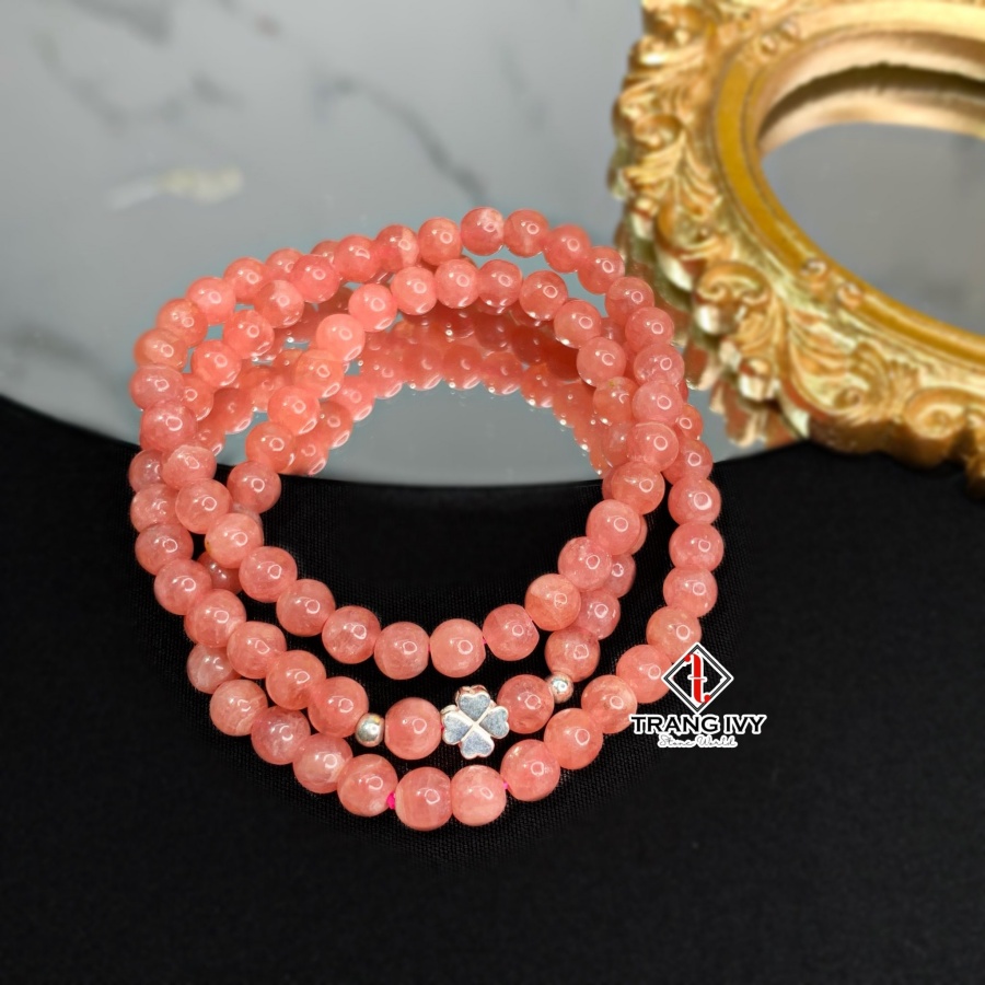 Chuỗi Vòng Tay Thạch Anh Đào Hoa Tự Nhiên Mix Charm Bạc Cỏ 4 Lá