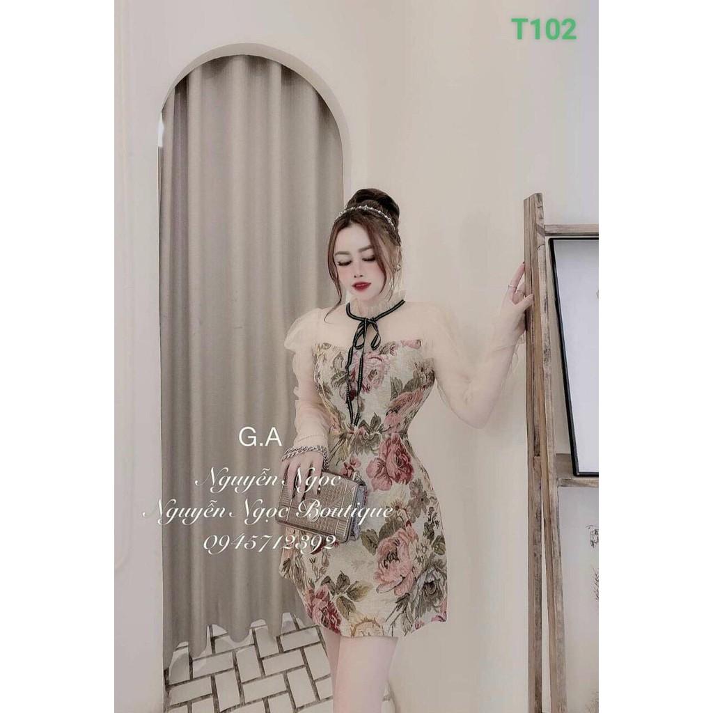 Đầm nữ phối lưới kết nơ in họa tiết sang trọng tôn dáng