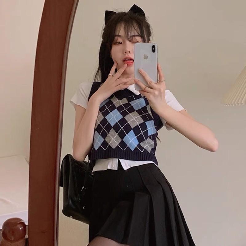 Set áo polo mix gile crotop kẻ caro Ulzzang 2021