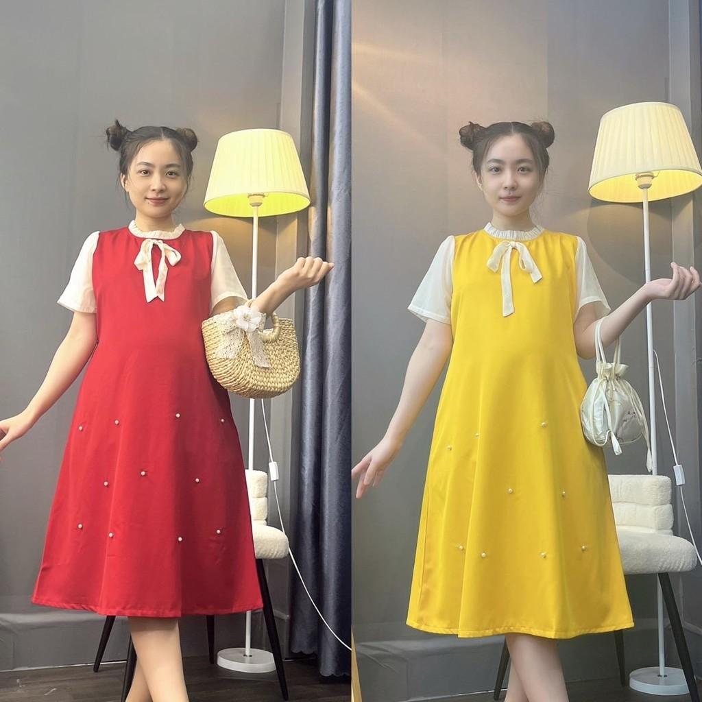 Đầm bầu cổ bèo thắt nơ đính hạt phom suông dễ thương gon dáng, mặc đi làm đi chơi - Đen
