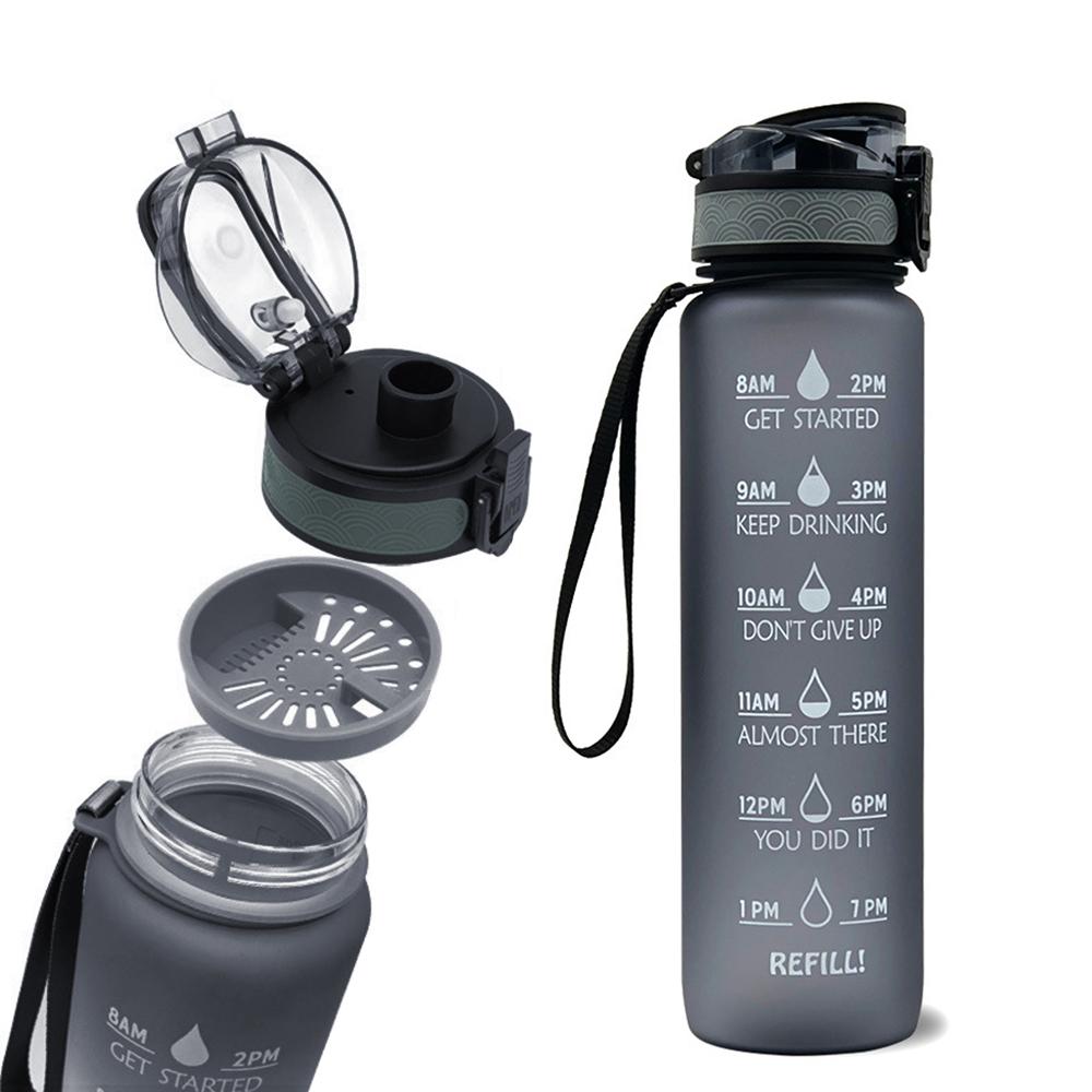Bình nước thể thao BPA 1L có vạch báo giờ uống nước, chất liệu PP cao cấp