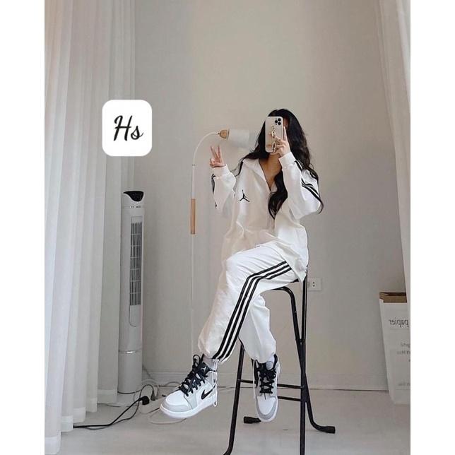 BỘ THỂ THAO GIẢM 3K 2 SỌC NỮ HOT - SET ÁO KHOÁC ĐEN QUẦN SỌC BASIC