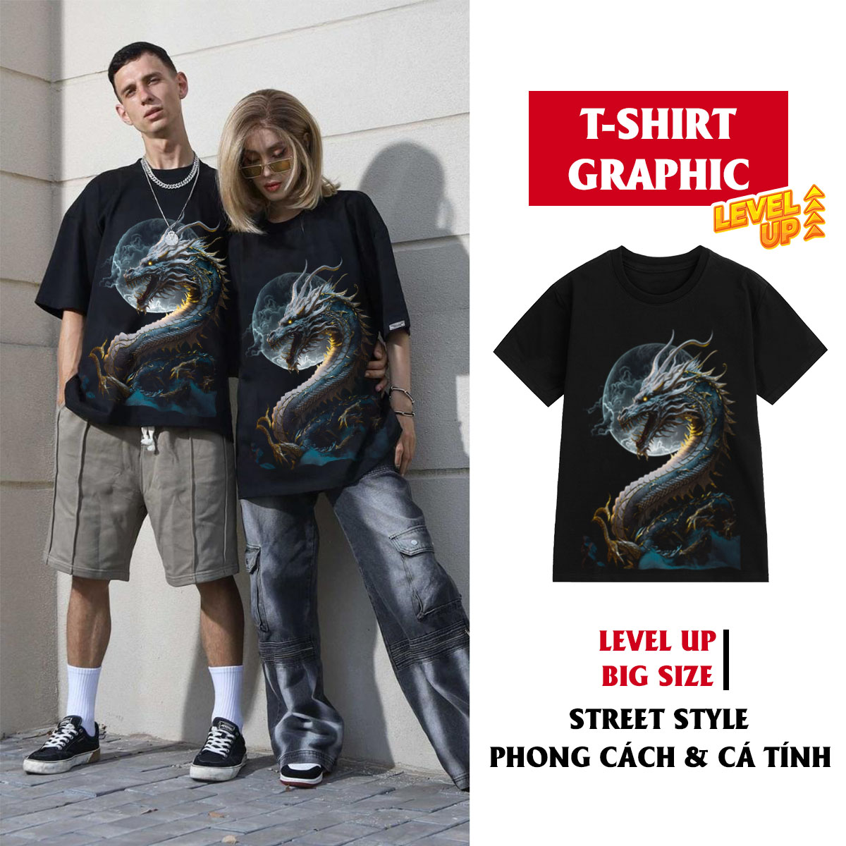 Áo thun nam cổ tròn tay ngắn TeeSett big size boy phố cotton màu đen in hình rồng xanh graphic design