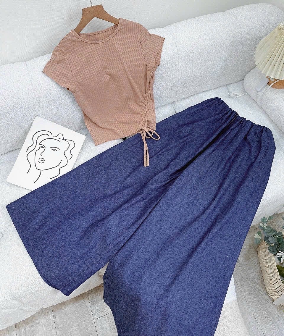 SET ÁO CROPTOP THUN DÂY RÚT TAY NGẮN + QUẦN DÀI ỐNG RỘNG LƯNG CAO SUÔNG TRƠN JEANS DẠO PHỐ ĐI CHƠI ĐI BIỂN ĐI TIỆC