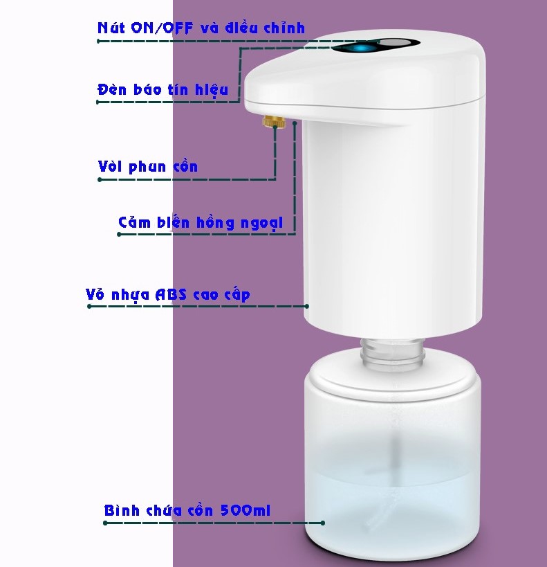 Máy phun cồn khử trùng diệt khuẩn thông minh cảm ứng tự động, dung tích 500ml, dùng pin, thích hợp với gel và dung dịch sát khuẩn