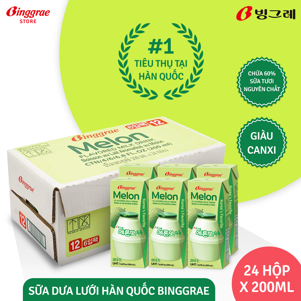 Thùng Sữa Dưa lưới Hàn Quốc Binggrae Melon Milk (200ml x 24 hộp)