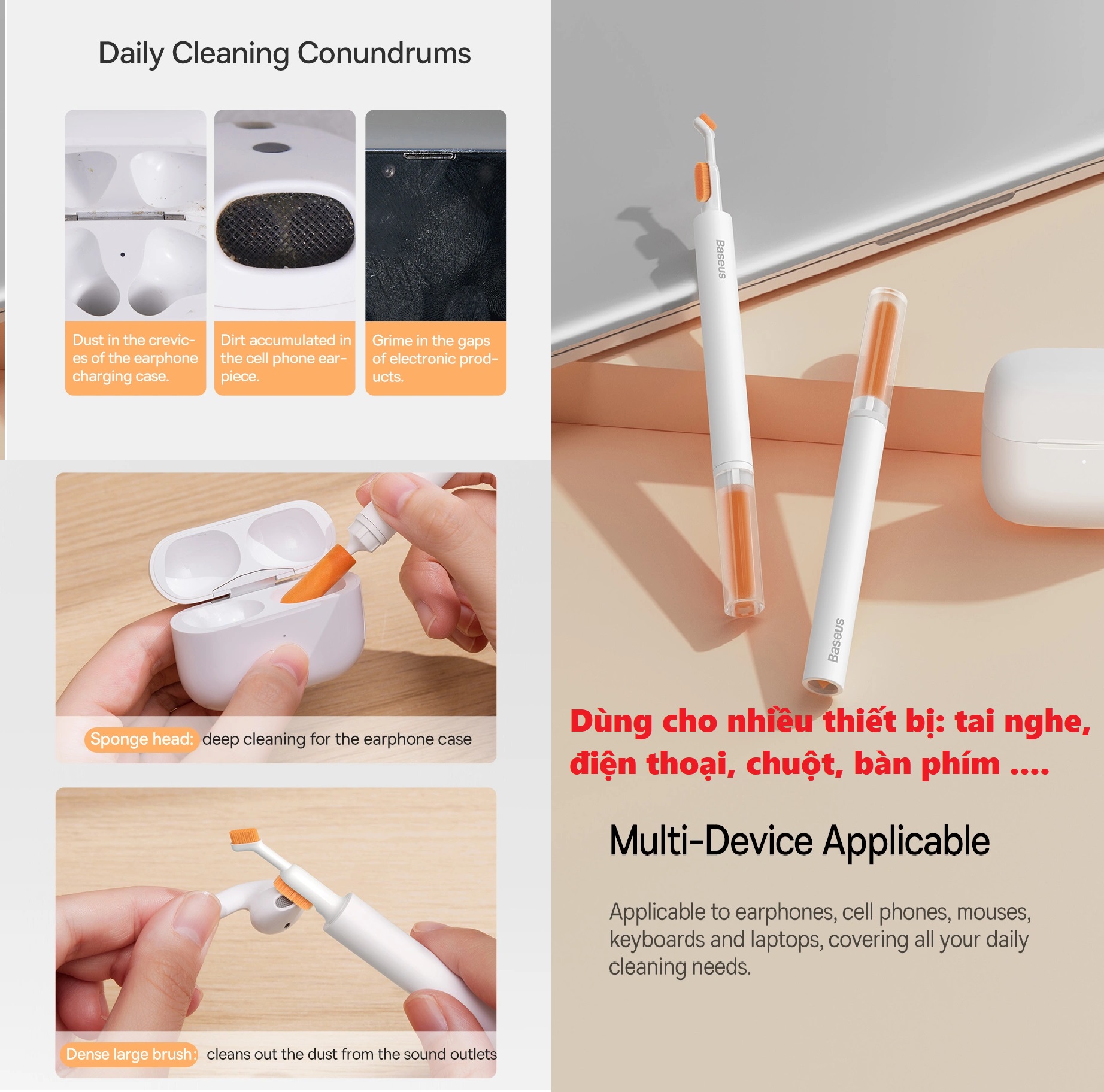 Bàn chải vệ sinh mini cho tai nghe điện thoại chuột bàn phím Baseus Cleaning Brush CL01 _ Hàng chính hãng