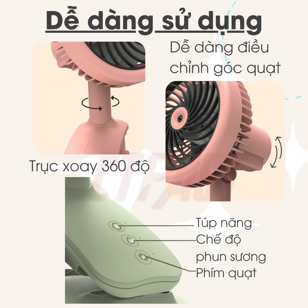 Quạt mini để bàn CTFAST W14 : Quạt tích điện cầm tay dạng kẹp tùy chỉnh 3 tốc độ gió, thiết kế 2 trong 1 kết hợp  làm mát, không gây ồn, túp năng quay điều chỉnh hướng gió 360 độ - Hàng chính hãng