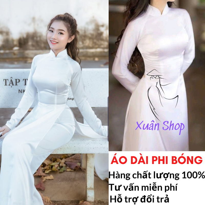 Áo dài trắng truyền thống học sinh lụa phi bóng 02 tà / áo dài nữ sinh / áo dài truyền thống - S