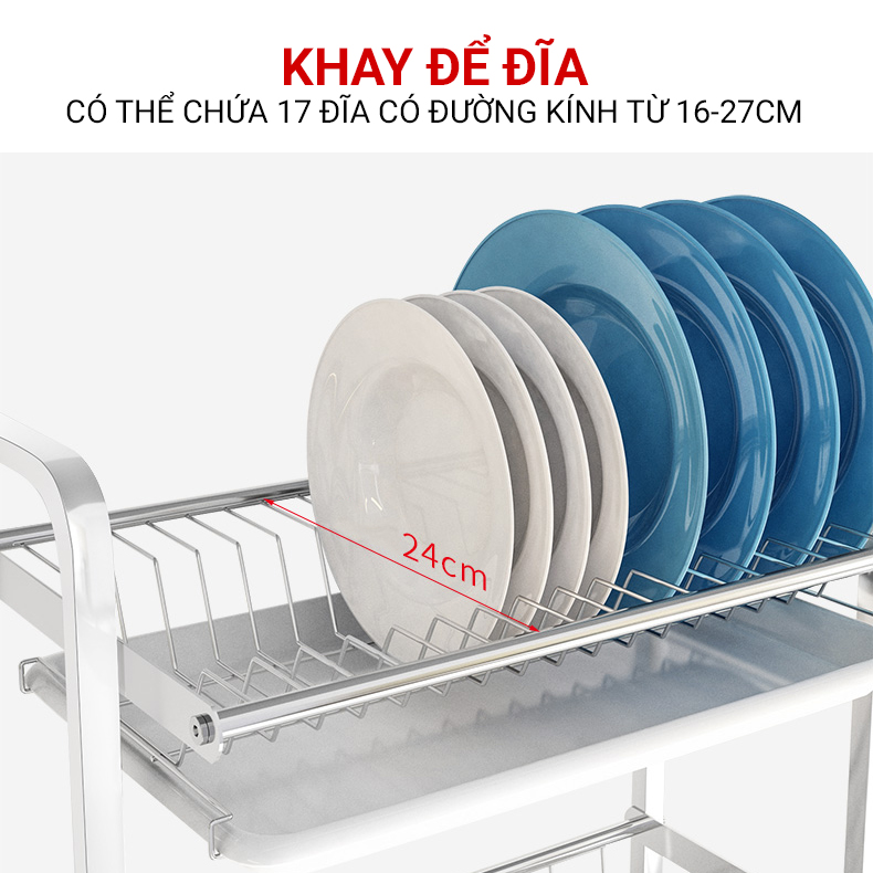 Kệ Để Chén Bát Đĩa INOX 304 kèm khay ráo nước cao cấp VANDO, giá úp bát khô ráo trên bàn bếp