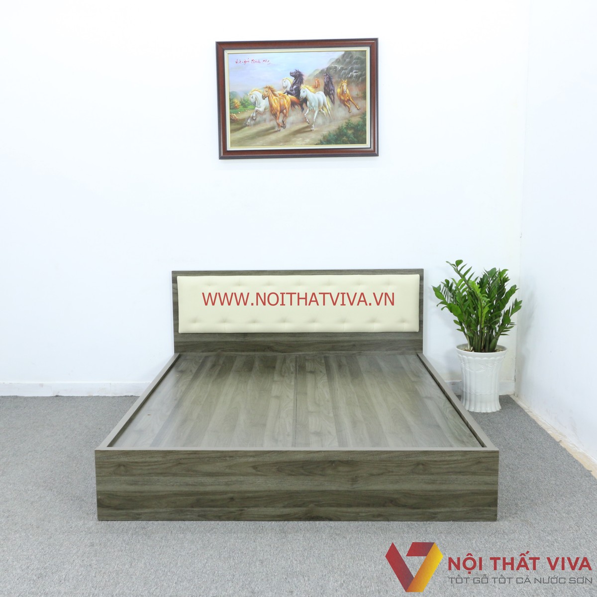 Giường Ngủ Gỗ MDF Melamine Màu Xanh Rêu Vân Gỗ Có Đầu Nệm Kem Đẹp Hiện Đại