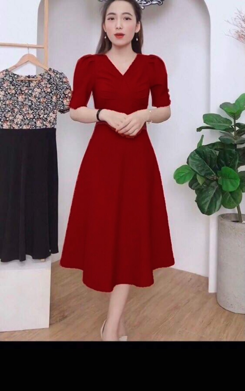 ĐẦM MIDI CỔ V DÁNG XÒE MÀU ĐỎ VÀ DA