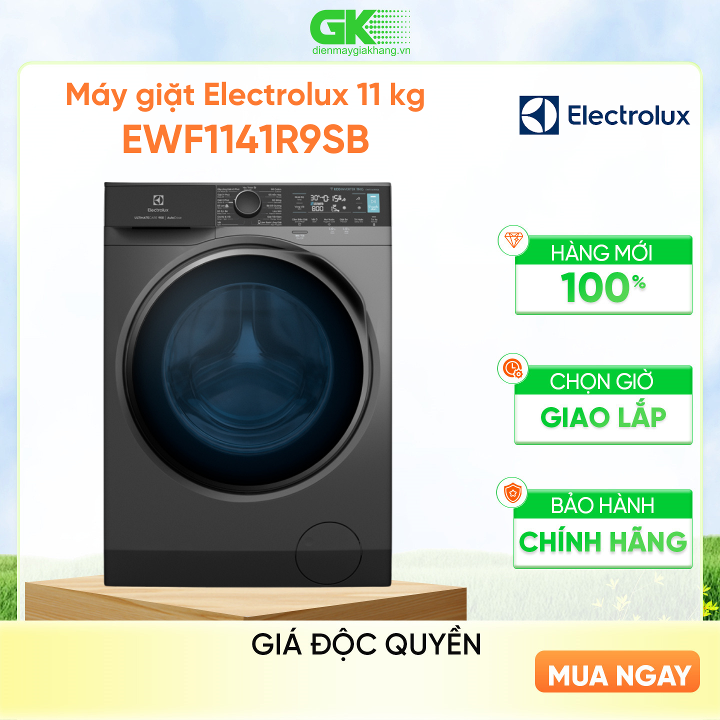 [Free Giao lắp] Máy giặt cửa trước Electrolux 11kg EWF1141R9SB - Cảm biến AI loại bỏ đến 49 loại vết bẩn, không cặn giặt tẩy, công nghệ HygienicCare diệt 99.9% vi khuẩn [Hàng chính hãng]