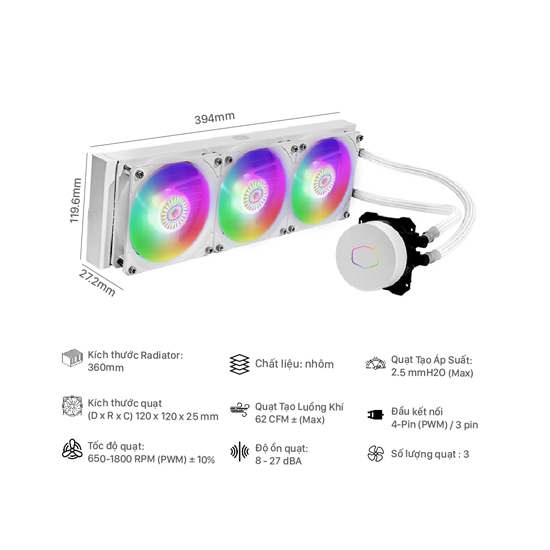 Quạt tản nhiệt Nước CPU Cooler Master ML360L ARGB V2 White - Hàng Chính Hãng