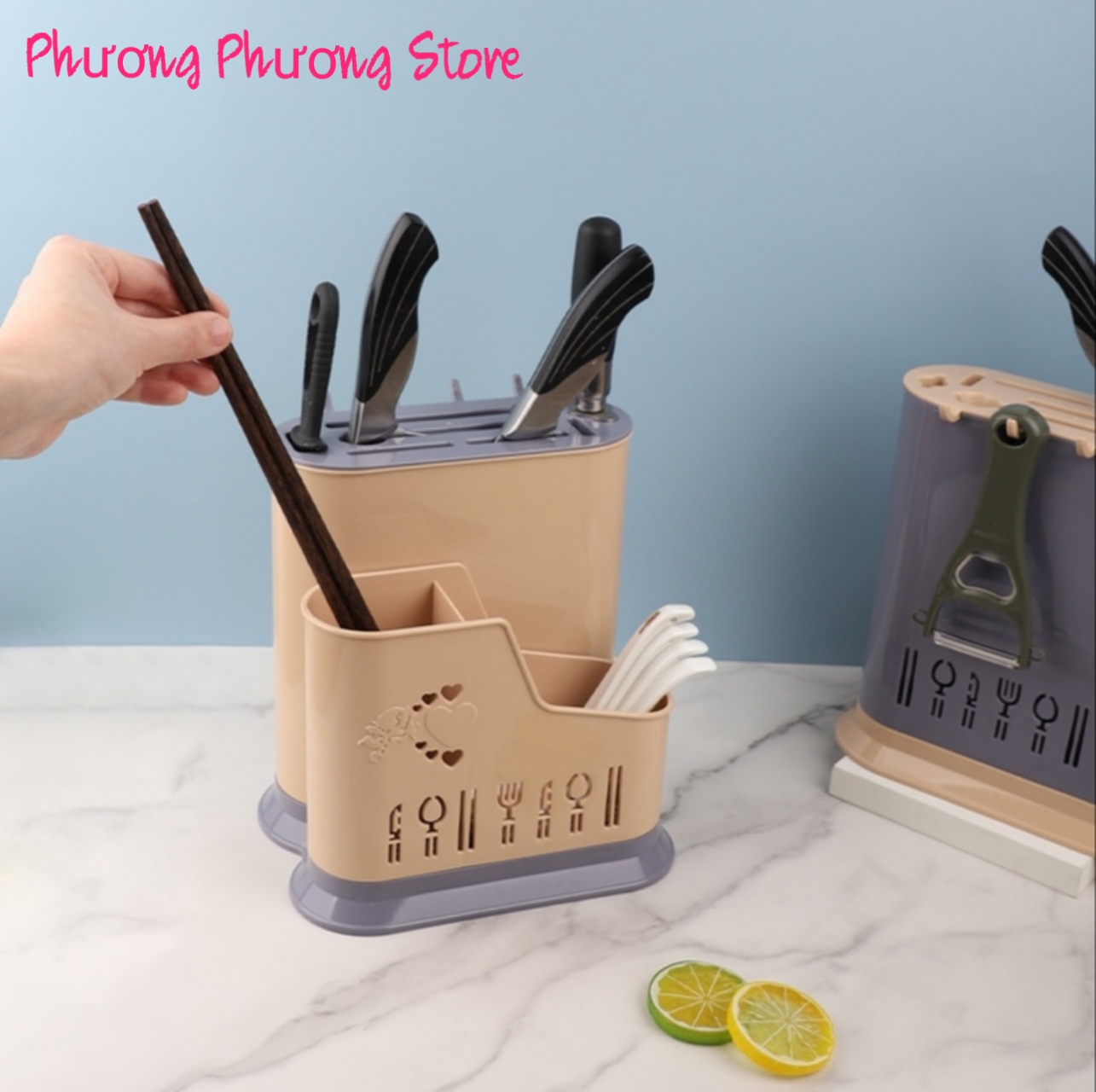 Giá Kệ Đựng Đũa Thìa Có Móc Treo Kèm Khay Cắm Dao Kéo Nhựa VN - Tặng 1 móc dán tường to