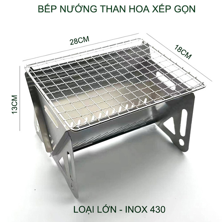 Bếp nướng than hoa bằng inox 430, loại lớn 28x18cm có thể xếp gọn, chuyên dùng cho cắm trại, picnic