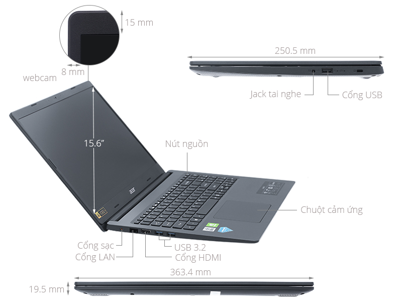 Laptop Acer Aspire 3 A315-57G-573F i5-1035G1/8GB/512GB/2GB MX330/Win11 NX.HZRSV.00B -Hàng Chính Hãng