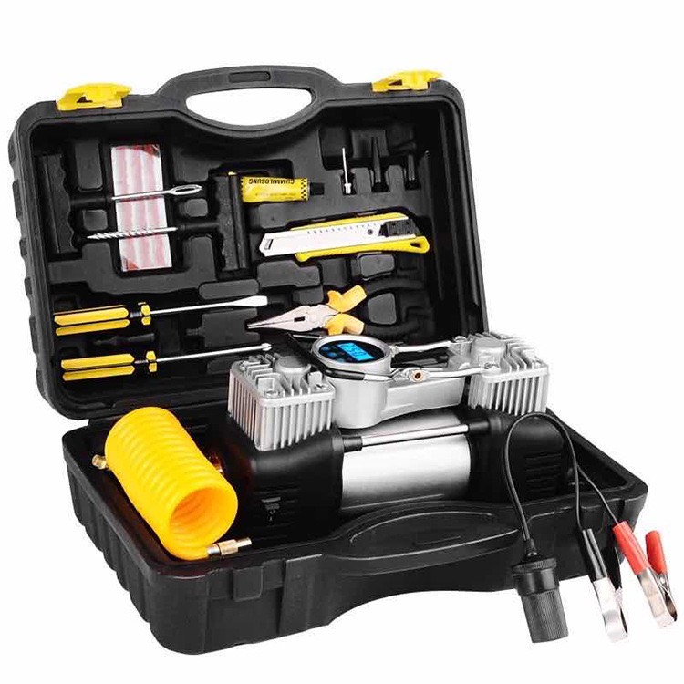 Bơm lốp xe ô tô 2 xi lanh công suất lớn 280W kèm hộp đựng dụng cụ - Máy Bơm Lốp Xe Hơi đồng hồ điện tử hiển thị áp suất lốp