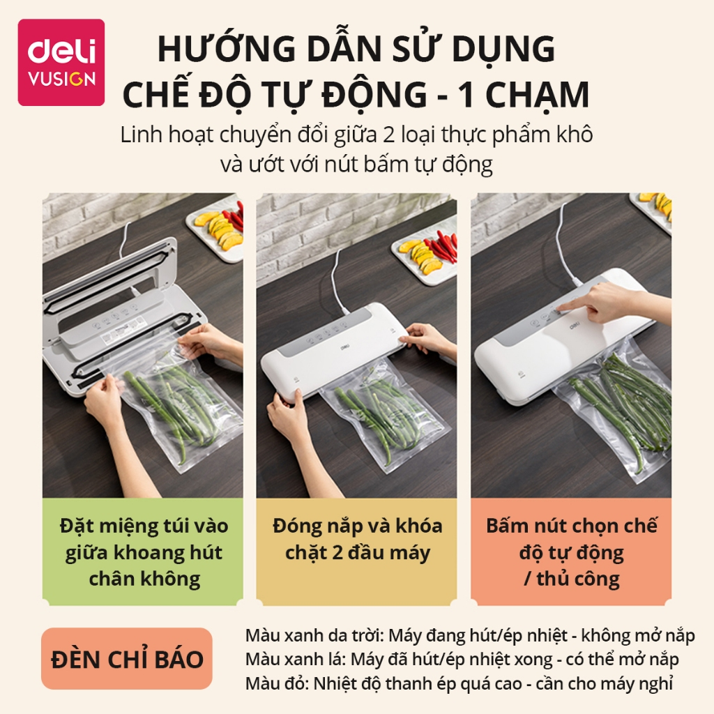Máy Hút Chân Không Hàng Chính Hãng Deli Hút Tự Động Hàn Miệng Túi Lực Hút Mạnh Bảo Quản Thực Phẩm Tươi Lâu Hơn 3 Lần