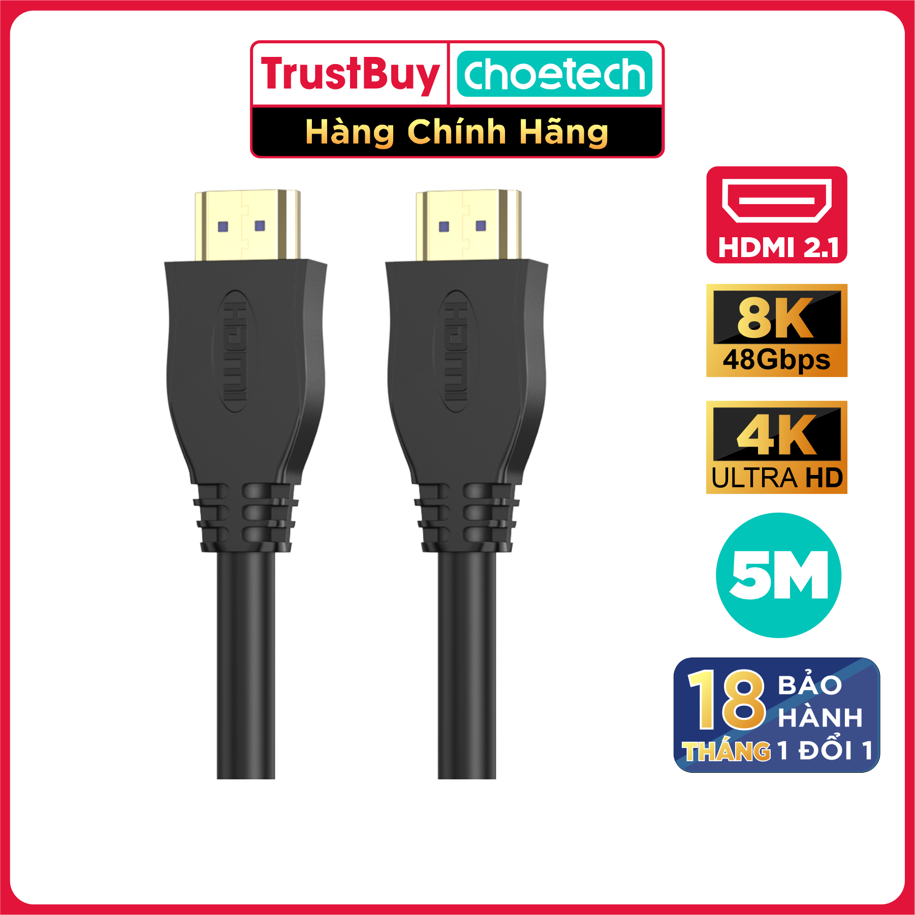 Dây Cáp HDMI 2.1 8K 4K Dài 5M CHOETECH XHH-TP21 Tương Thích Với Tivi, Laptop, PC, PlayStation - Hàng Chính Hãng