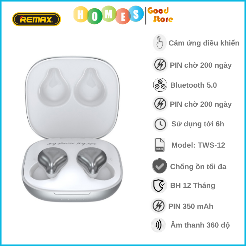Tai Nghe Bluetooth 5.0 REMAX TWS-12 Âm Thanh Vòm 360 Cao Cấp- Hàng Chính Hãng