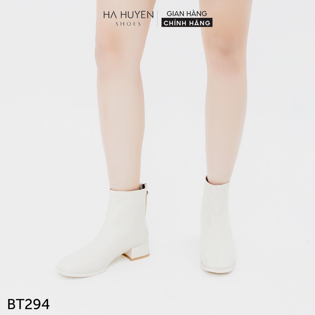 Giày boot nữ Hà Huyền Shoes bốt da mũi vuông cổ thấp khóa sau gót vuông 3 phân - BT294