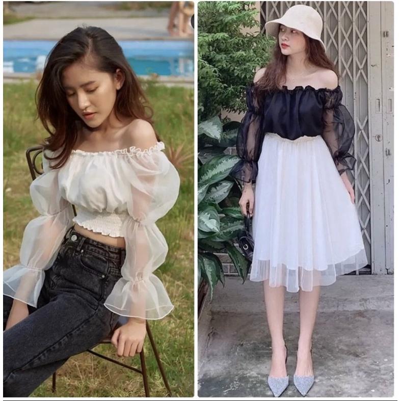 Áo kiểu trễ vai bo eo form ngắn - áo kiểu Hàn quốc phối tay bồng voan kiến dễ thương