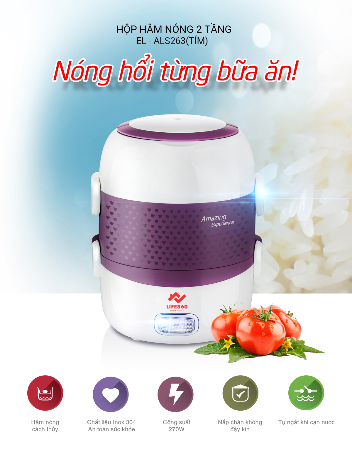 Hộp Cơm Cắm Điện, Hộp Cơm Hâm Nóng 2 Tầng Life360 EL-ALS263, Nấu Chín, Hâm Nóng Thức Ăn, Hàng Chính Hãng, Bảo Hành 1 Năm