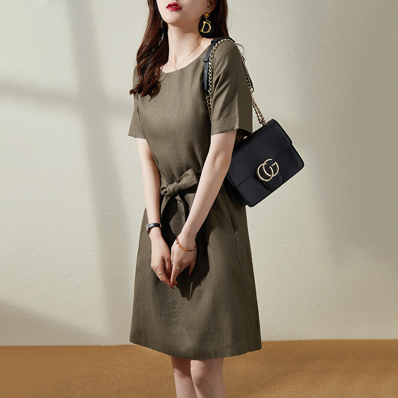 Đầm suông công sở linen kèm đai rời dáng xòe trẻ trung LAHstore - Xanh rêu