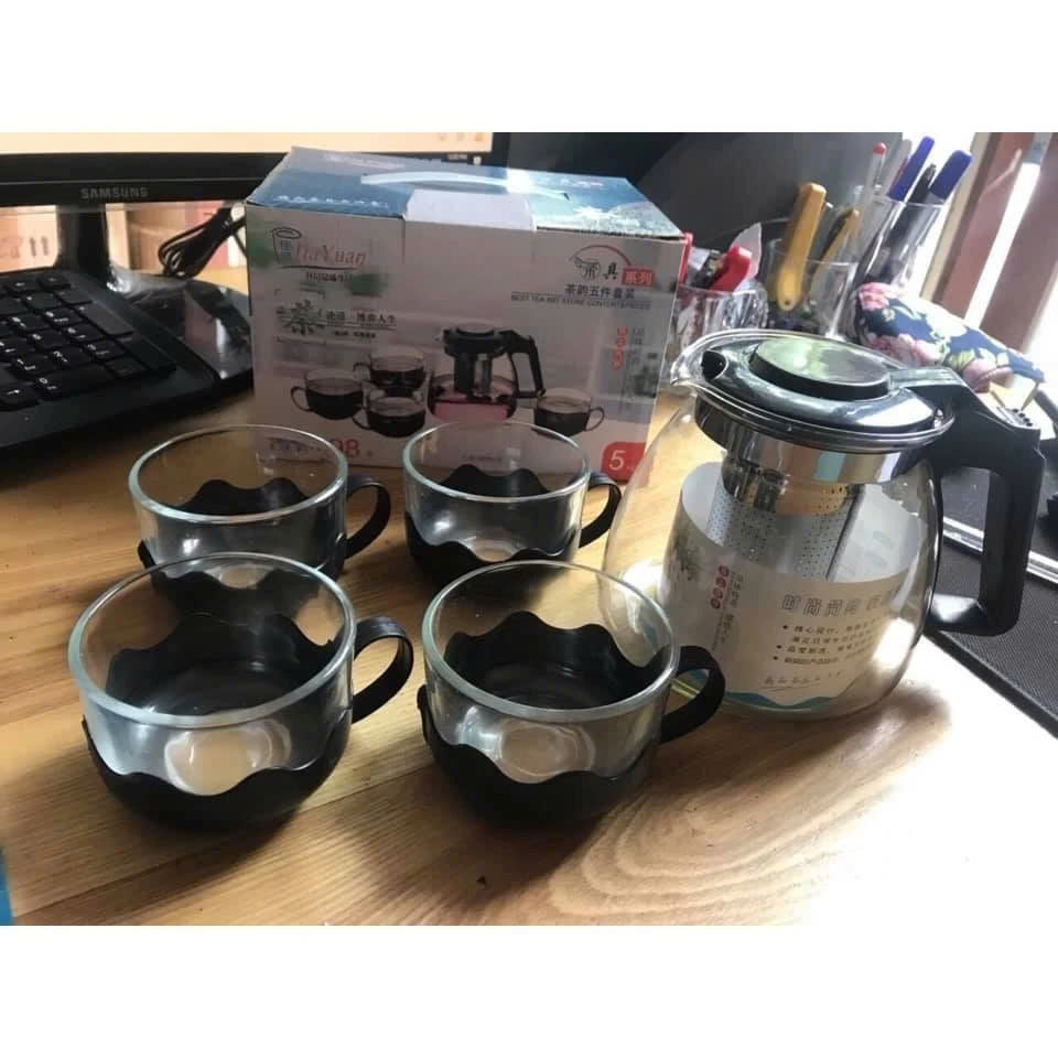 Bộ Bình Trà Thủy Tinh kèm Tách Lưới Lọc Inox 304 Không Gỉ- Tiện Lợi - Chính Hãng