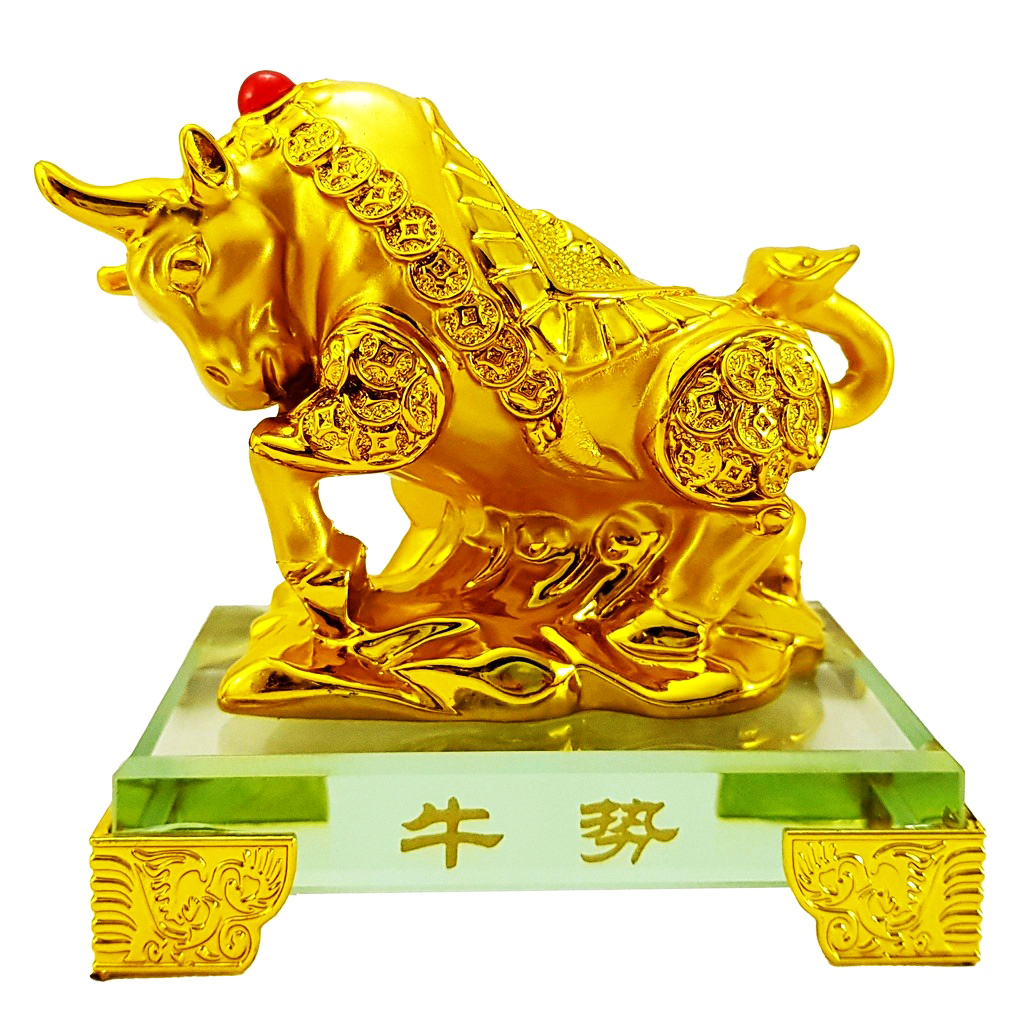 Tượng chú trâu vàng đế kính thủy tinh cao cấp - Trâu Vàng Kim Tiền