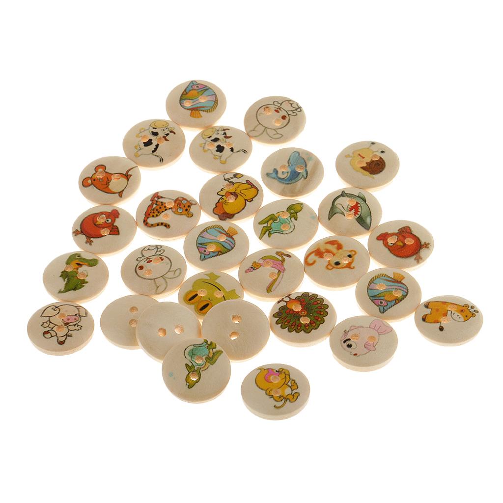100pcs 15mm Animal Printed 2-Hole Flat Buttons Wood Button for Sewing Craft