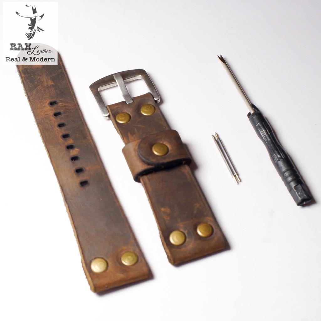 Dây đồng hồ da bò thật kiểu phi công RAM Leather rivet nâu đất bền chắc - tặng khóa chốt và cây thay dây