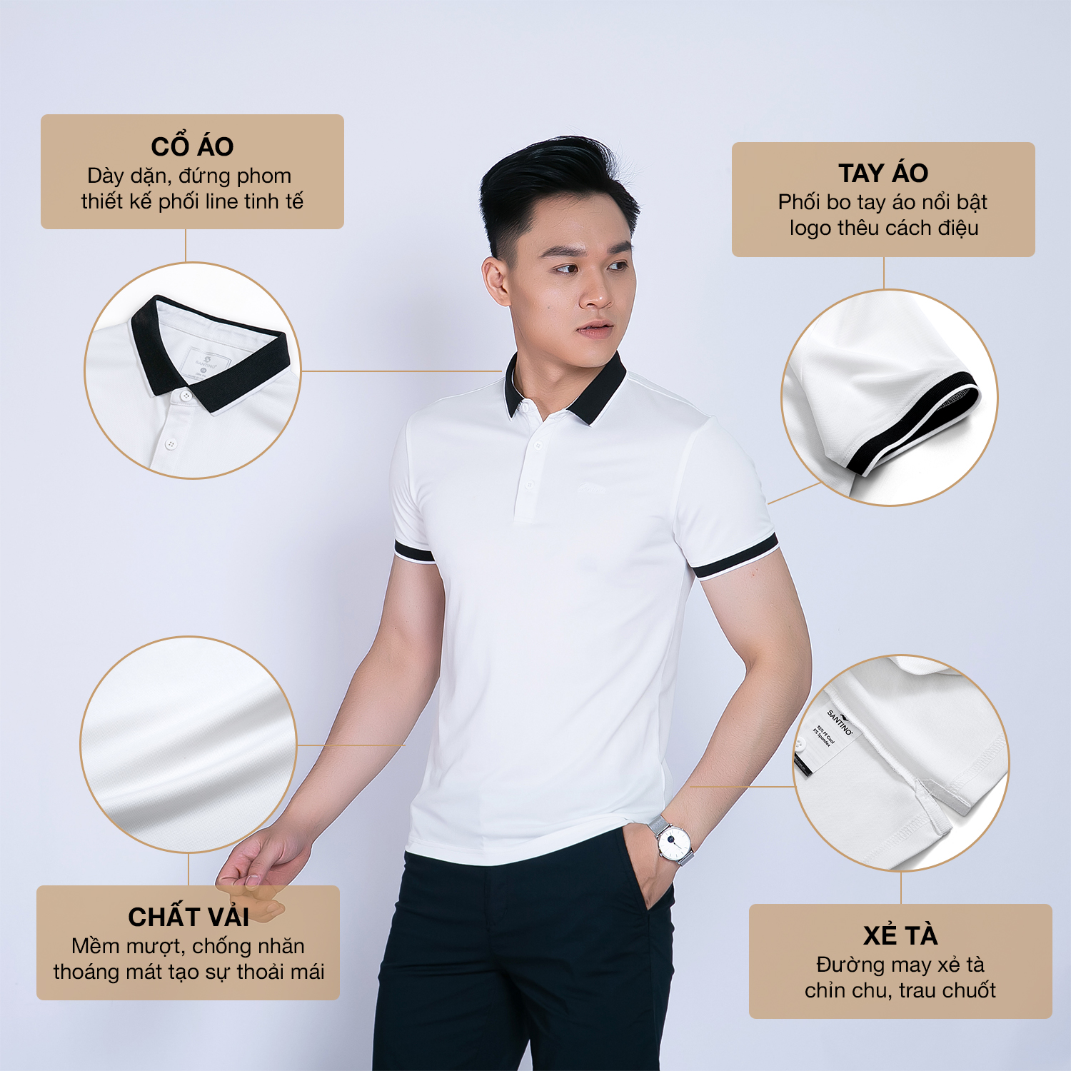 Áo Polo nam Cá Sấu SANTINO form chuẩn, phối bo cổ đen, trẻ trung, chống nhăn - E001