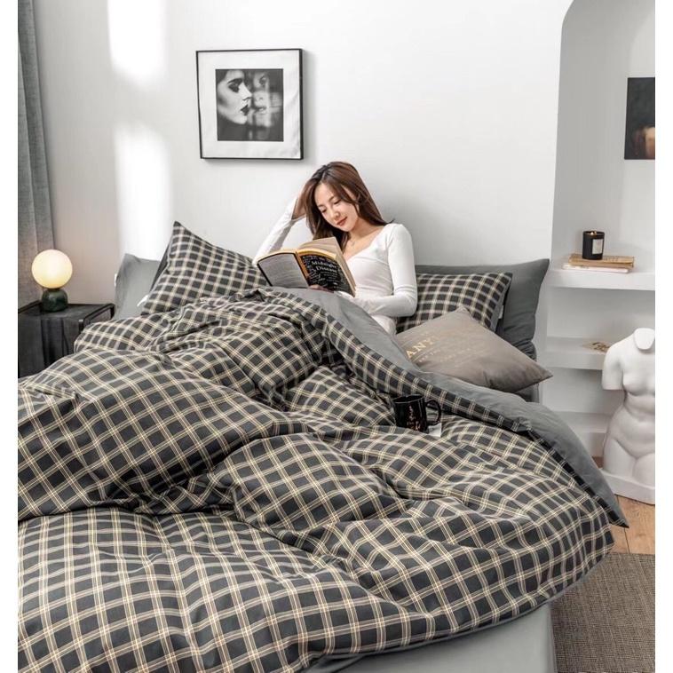 Set Cotton Living 100%cotton Hàng Nhập Khẩu 4 Món Kẻ Đen Vàng Đơn Giản