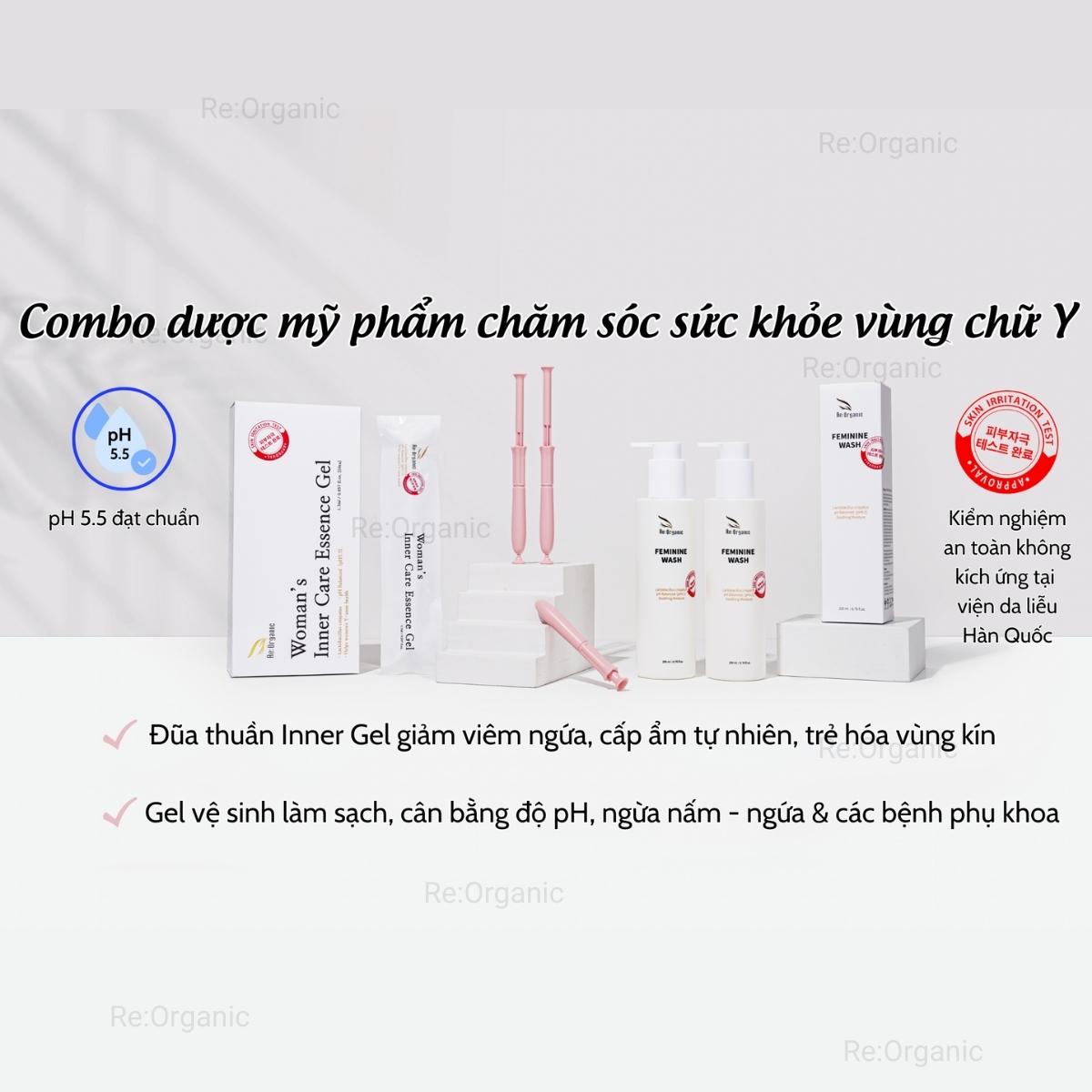 Combo dung dịch vệ sinh chăm sóc phụ khoa Re:Organic Feminine Wash 200ml, Gel đũa thần phụ khoa Woman's Inner Care Essence Gel