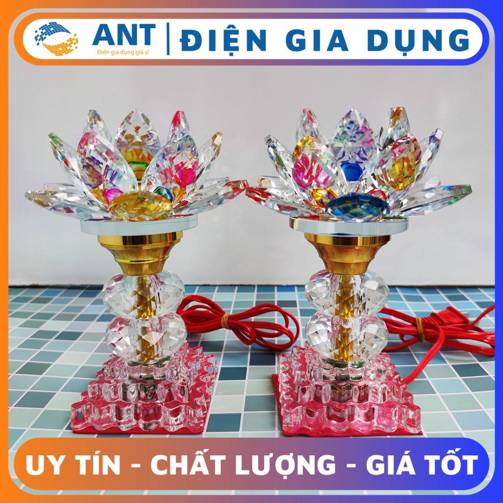 Đèn thờ hoa sen PHA LÊ  2 khẩu dẹp cao 17cm đổi màu