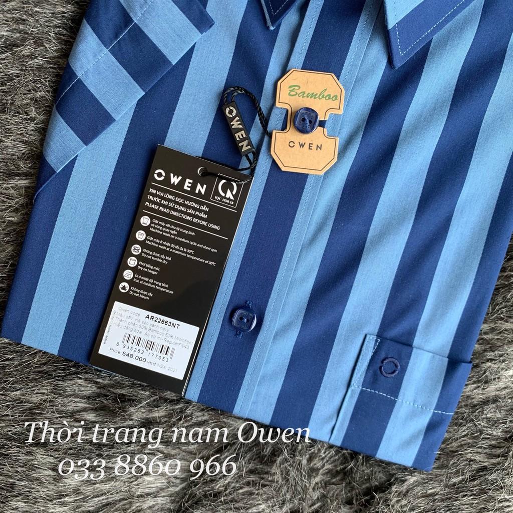 OWEN - Áo sơ mi ngắn tay Owen Regular fit chất sợi tre kẻ sọc xanh 22663