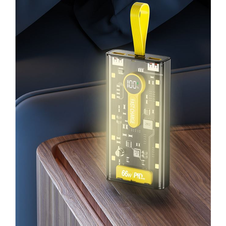 Pin Sạc Dự Phòng trong suốt 20000mAh - 66W - sạc siêu nhanh, tích hợp 4 cáp, 2 cổng usb, sạc cùng lúc nhiều điện thoại - Hàng chính hãng